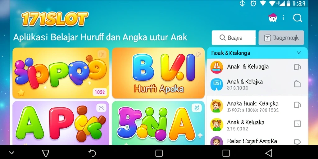 Antarmuka interaktif aplikasi 171SLOT untuk belajar huruf dan angka.