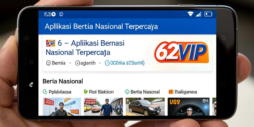 Antarmuka aplikasi 62VIP menampilkan berita nasional terkini.