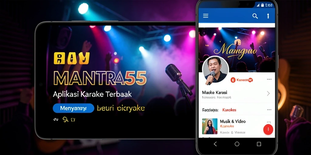 Tampilan antarmuka aplikasi Karaoke MANTRA55 dengan lirik dan fitur menarik.